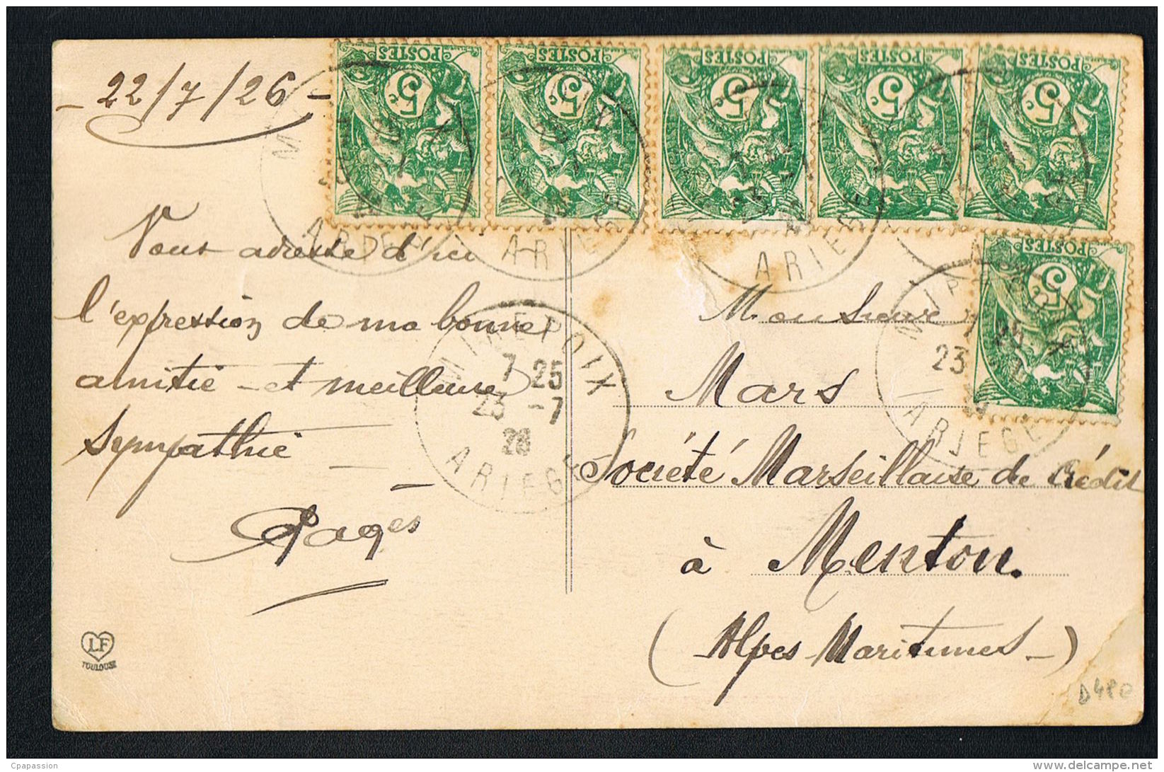 MIREPOIX -Ariège- Eglise Et Cours St-Maurice-  Voyagée 1926- Avec 6 Timbres 5c Vert  BLANC -Scans Recto Verso- - Mirepoix