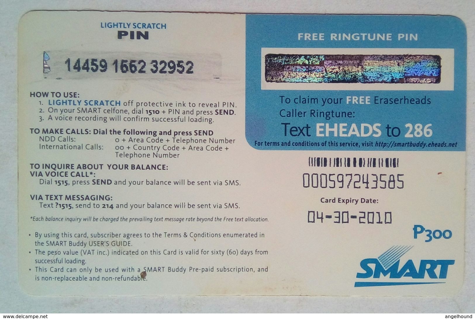 Philippines Phonecard Smart 300 Pesos Eraserheads - Philippinen