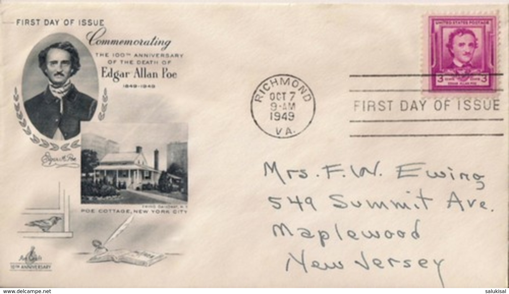 FDC Scott # 986 ~ Edgar Allan Poe / Cachet - Written Address - 1941-1950