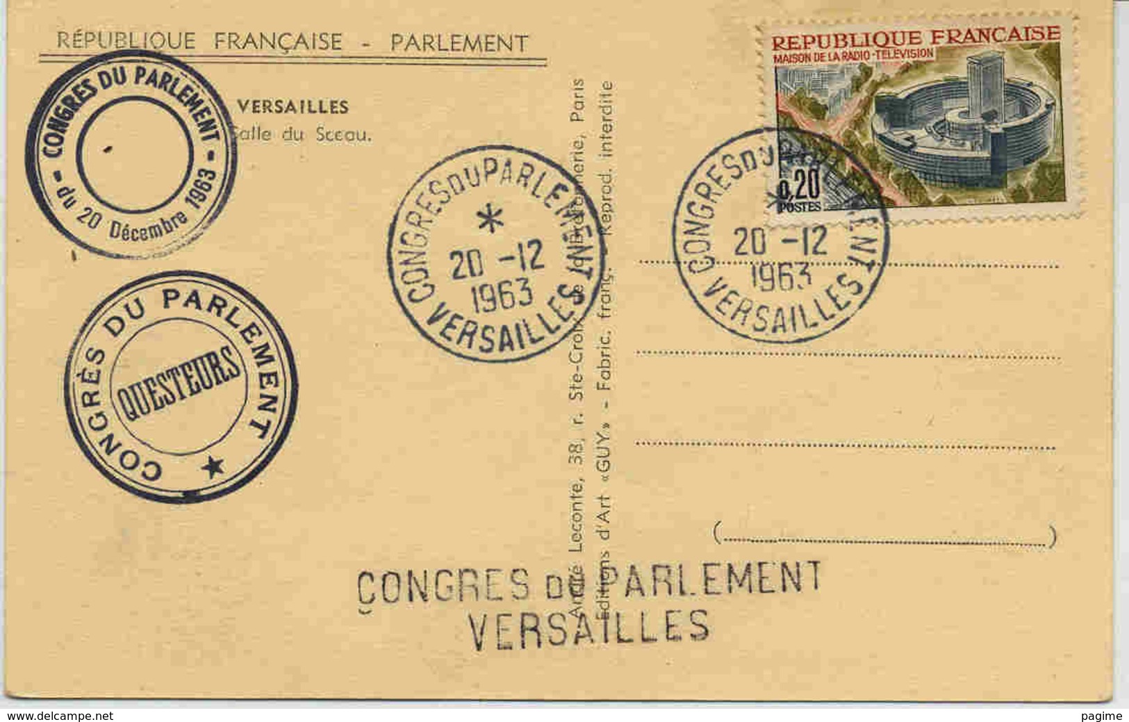 Carte Avec Cachet Congrès Parlement Versailles + Griffe Linéaire - 1961-....