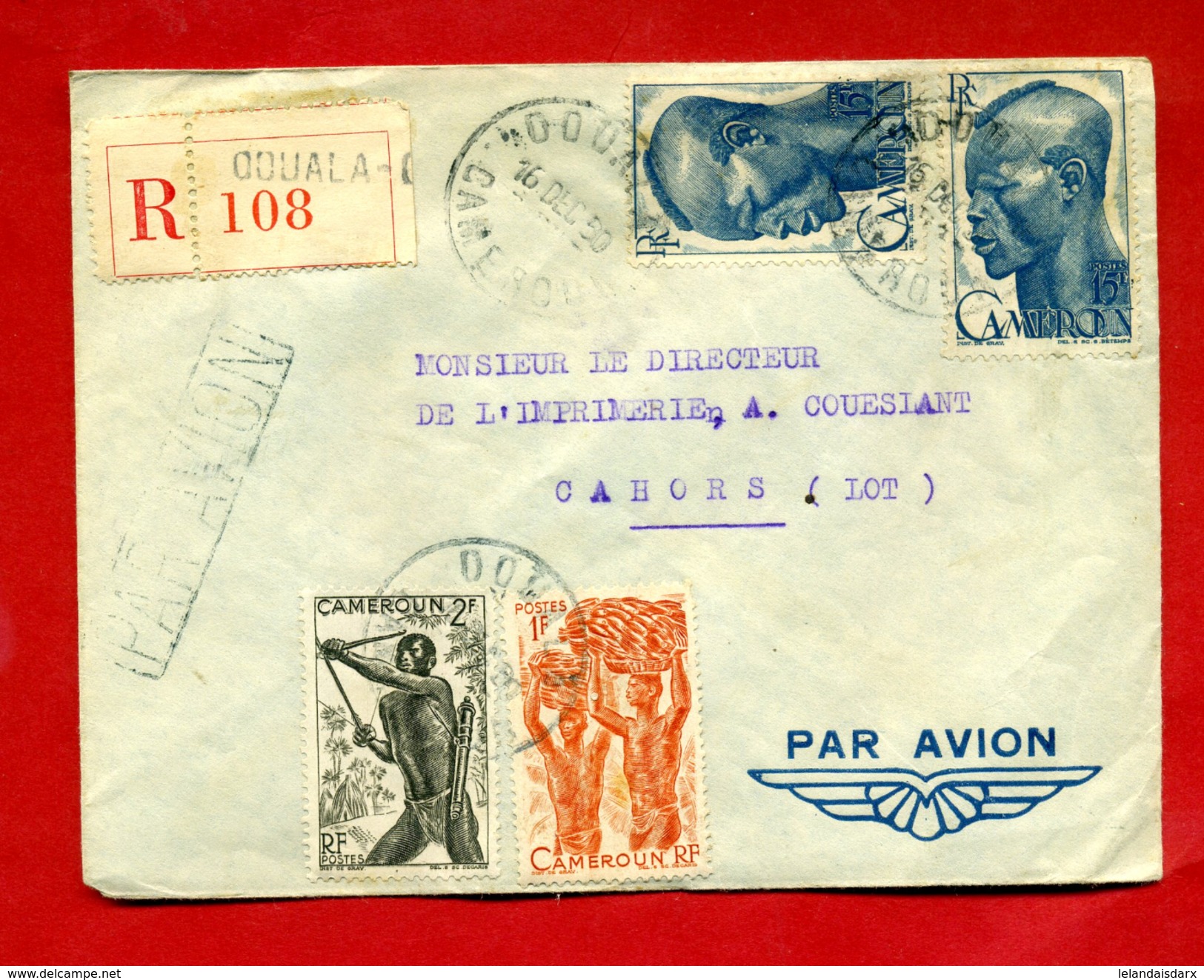 Par Avion Recommandé Douala Cameroun  4  Timbres Cameroun à Coueslant Cahors     Dossier Factures 7 - 1921-1960: Periodo Moderno