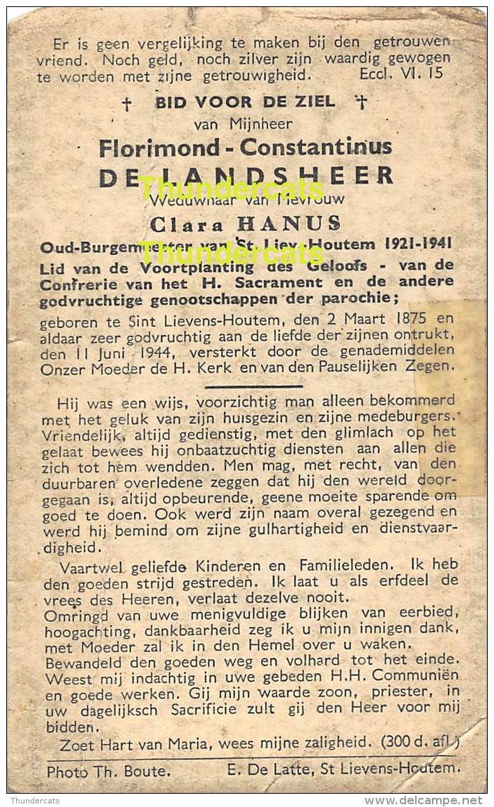 ST SINT LIEVENS LIEVIN HAUTHEM HAUTEM HOUTEM BIDPRENTJE DE LANDSHEER CLARA HANUS 1875 1944 BURGEMEESTER - Sint-Lievens-Houtem