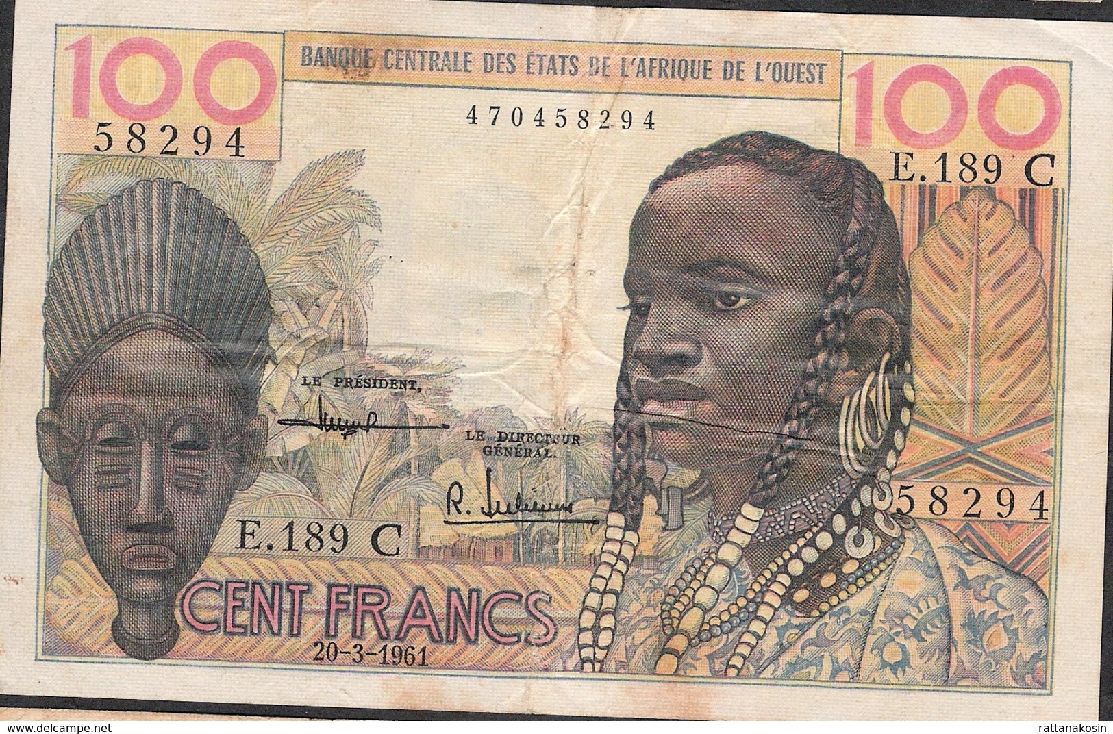 W.A.S. LETTER C BURKINA FASO P301Cc 100 FRANCS 20.3.1961 Signature 2 F-VF - Burkina Faso