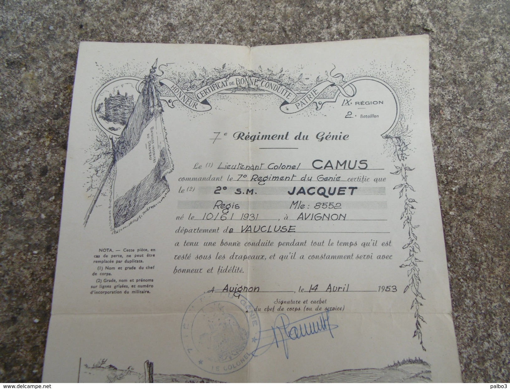 Certificat De Bonne Conduite 7 Eme Genie Fait A Avignon Daté 1953 Indochine - 1939-45