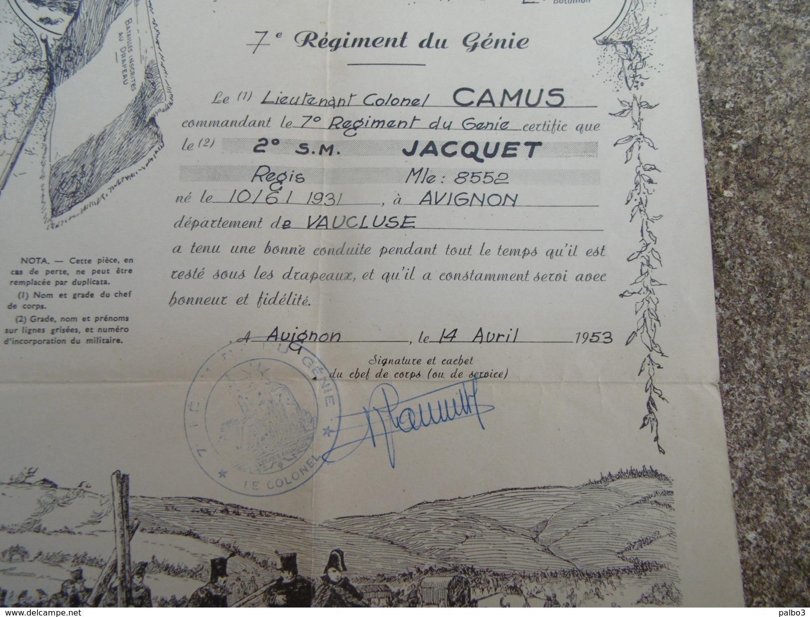 Certificat De Bonne Conduite 7 Eme Genie Fait A Avignon Daté 1953 Indochine - 1939-45