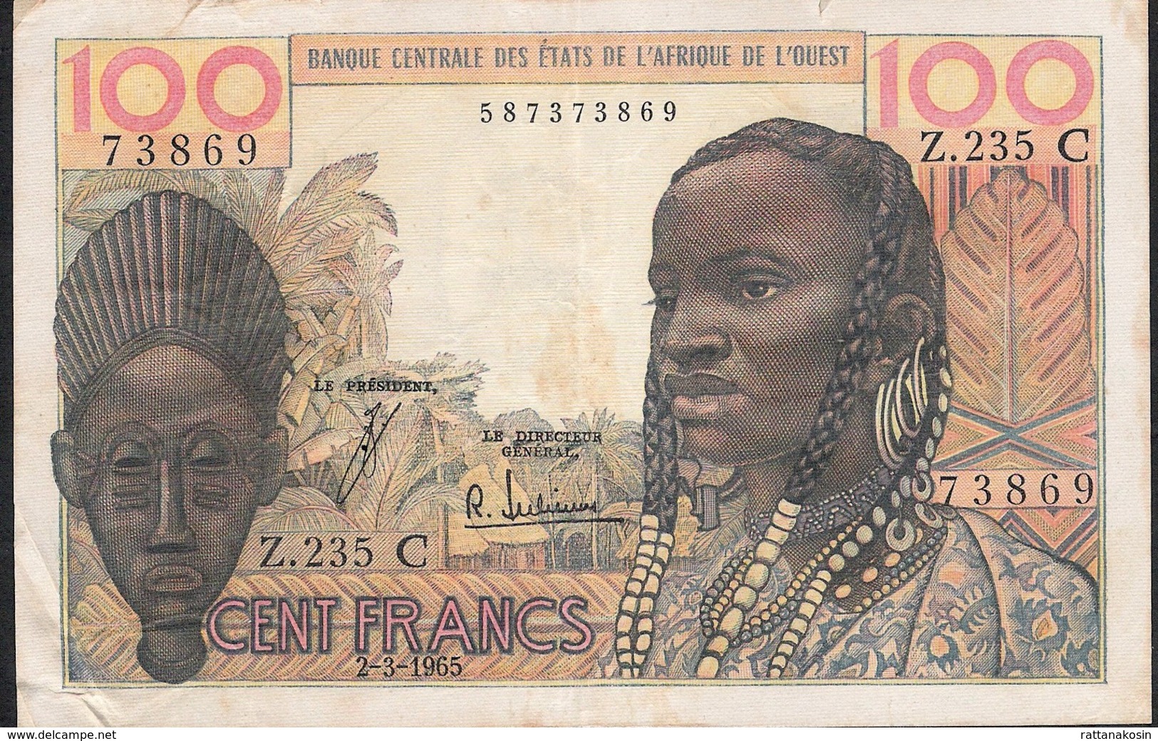 W.A.S. LETTER C BURKINA FASO P301Ce 100 FRANCS 2.3.1965 VF NO P.h. ! - Burkina Faso