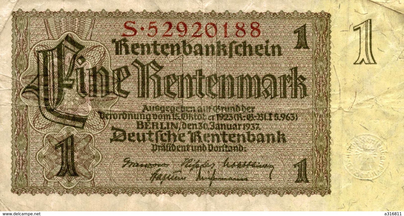 1 RENTENMARK 1937 - Other & Unclassified