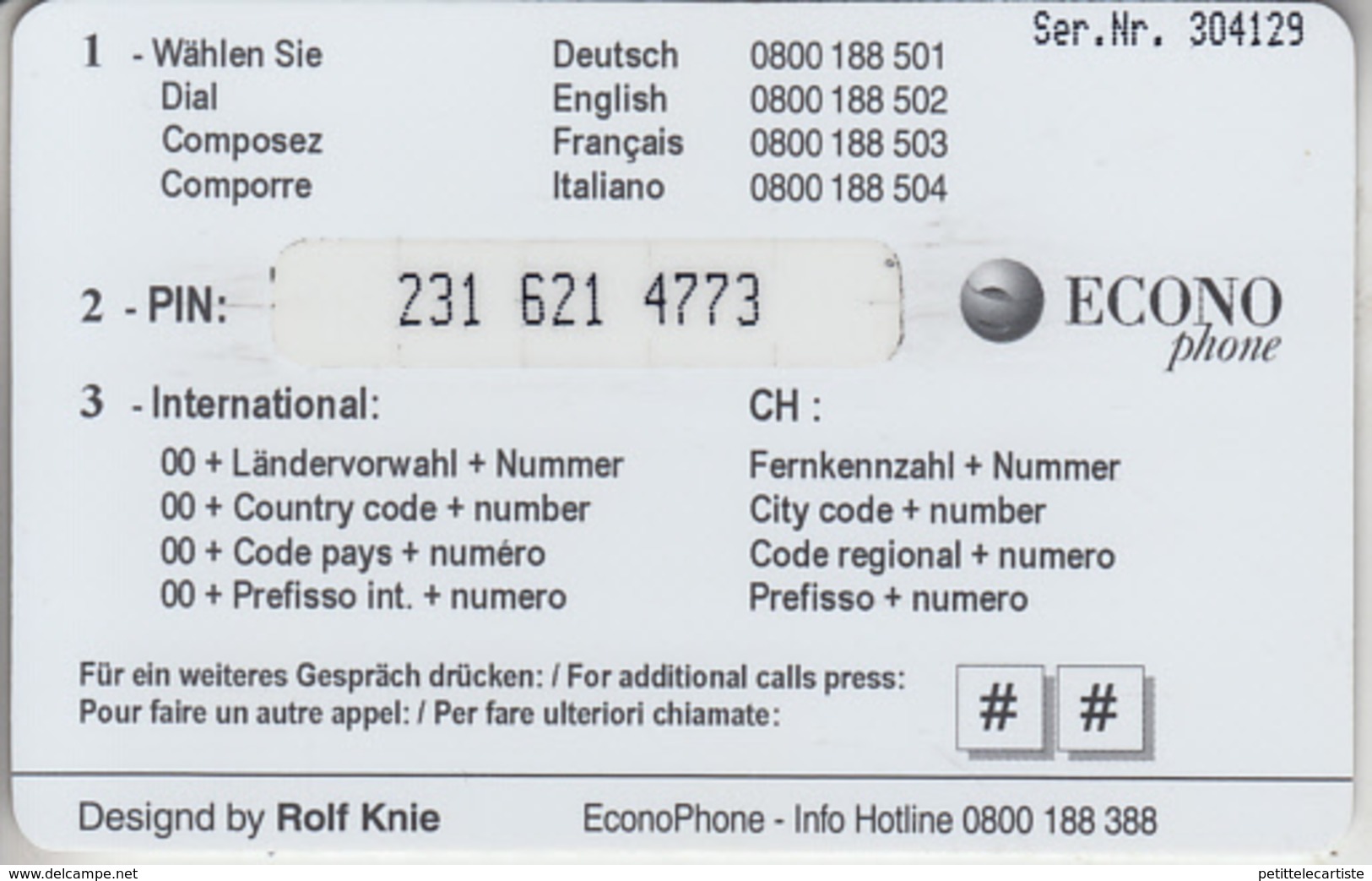 SUISSE - PHONE CARD - ECONOPHONE   ***  ANIMAUX &  CIRQUE KNIE / 1  *** - Switzerland