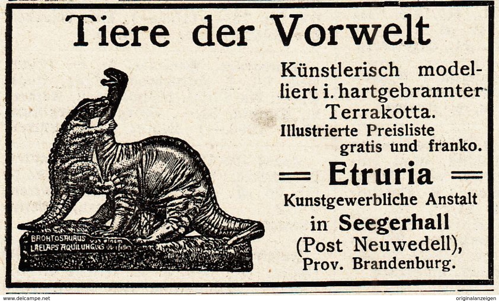 Original-Werbung/ Anzeige 1914 - ETRURIA  Brontosaurus & Laelaps Aquilunguis / SEEGERHALL/ NEUWEDELL  - Ca. 65 X 40 Mm - Publicités