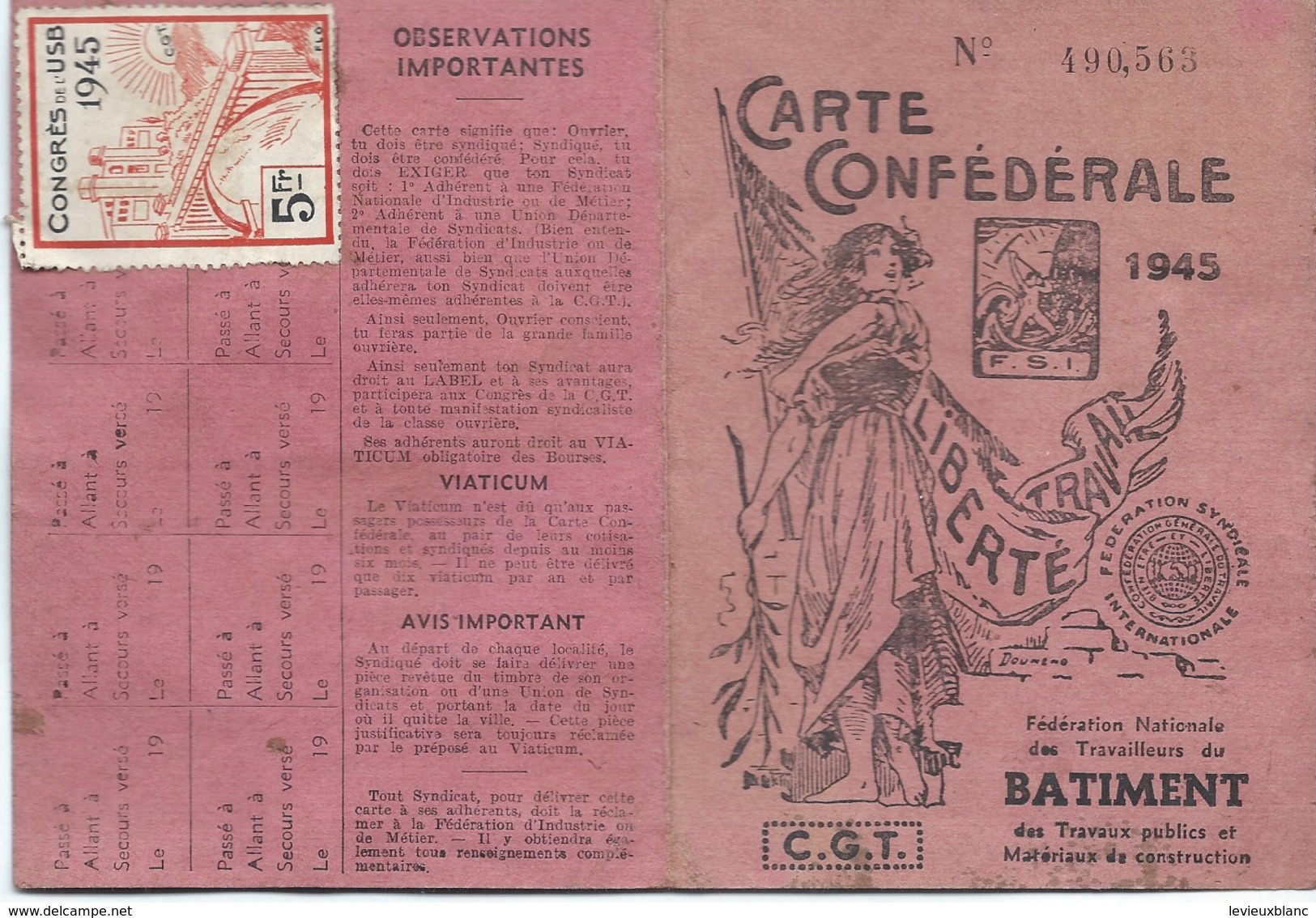 Carte Confédérale/ Fédération Nationale Des Travailleurs Des BTP/C.G.T./Jessen /Ebéniste/1945                     AEC64 - Autres & Non Classés