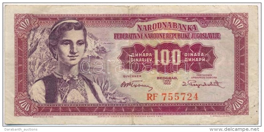 Jugoszl&aacute;via 1955. 100D T:III
Yugoslavia 1955. 100 Dinara C:F - Non Classés