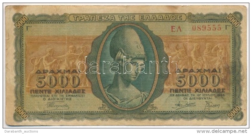 G&ouml;r&ouml;gorsz&aacute;g 1943. 5000D T:III
Greece 1943. 5000 Drachmai C:F
Krause 122.a - Non Classés