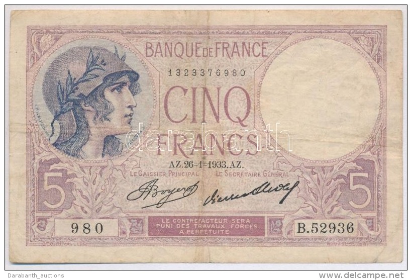 Franciaorsz&aacute;g 1933. 5Fr T:III,III-
France 1933. 5 Francs C:F,VG
Krause 72 - Unclassified