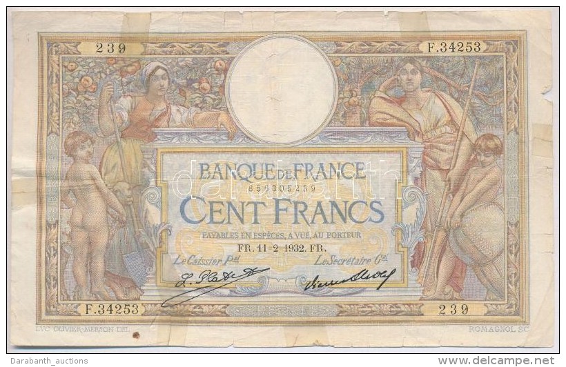 Franciaorsz&aacute;g 1932. 100Fr T:III- Ragasztott, TÅ±ly.
France 1932. 100 Francs C:VG Sticked, Needle... - Zonder Classificatie