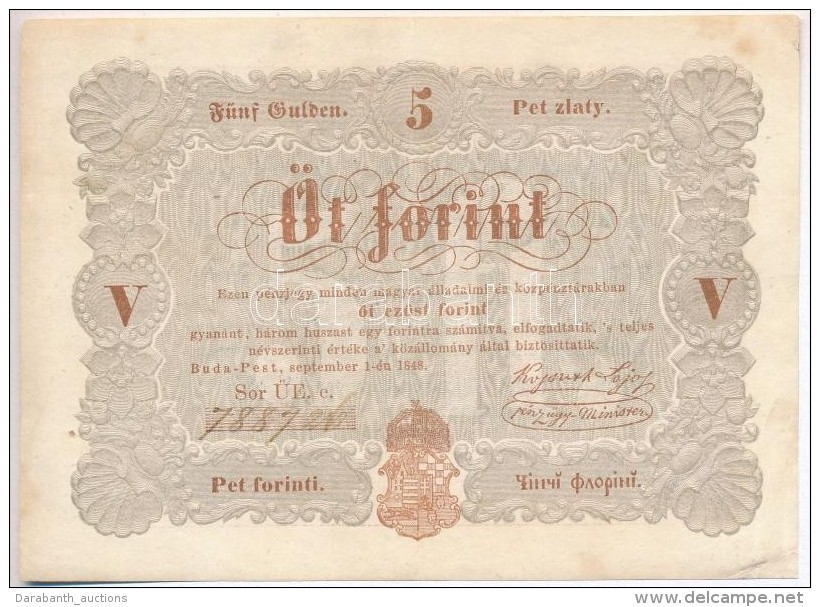 1848. 5Ft 'Kossuth Bank&oacute;' Barna T:III
Adamo G109A - Non Classés