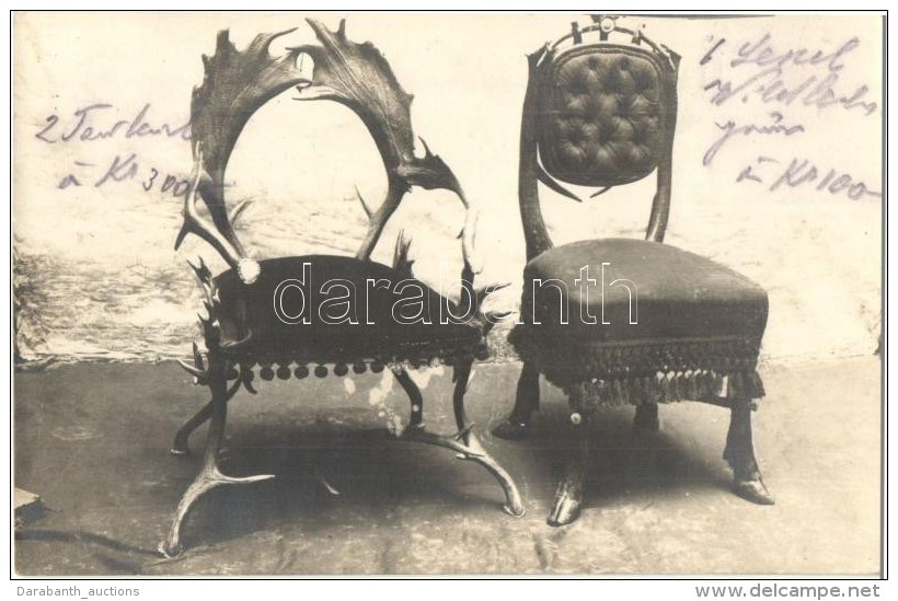 * T2 Szarvas Agancsb&oacute;l K&eacute;sz&uuml;lt, Be&aacute;razott Fotelek / Armchairs Made Of Deer Antlers With... - Non Classés