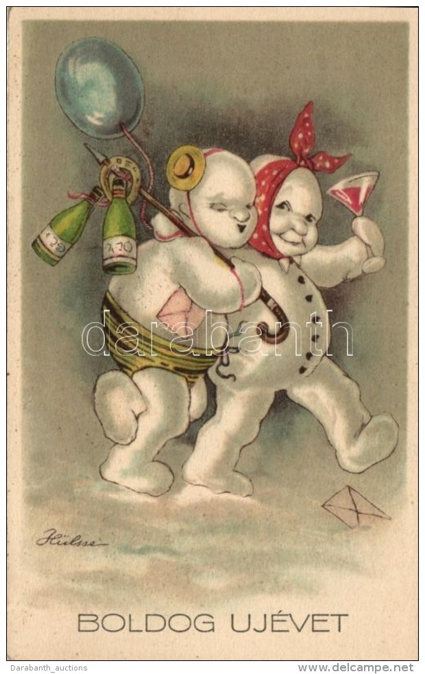 ** T1/T2 Boldog &uacute;j &eacute;vet! / New Year, Snowmen; Pittius Postcard, Litho  S: Georg H&uuml;lsse - Non Classés