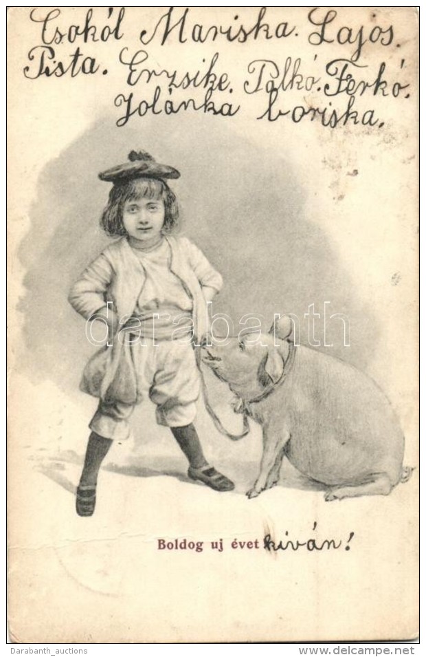 * T2/T3 Boldog &Uacute;j&eacute;vet! / New Year Greeting Card, Girl With Pig (Rb) - Non Classés