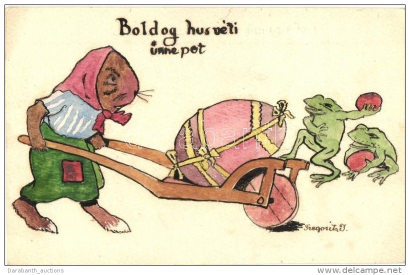 * T2/T3 Boldog H&uacute;sv&eacute;ti &Uuml;nnepeket / Hand-painted Easter Greeting Art Postcard, Rabbit With Frogs... - Unclassified