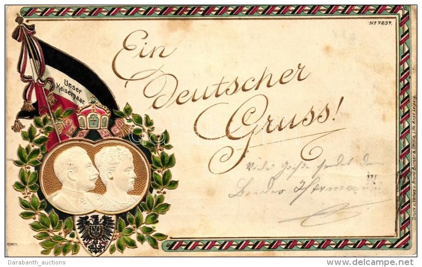 T2/T3 'Ein Deutscher Gruss' Wilhelm II, Augusta Victoria Of Schleswig-Holstein, German Flags, Emb. Litho (fl) - Zonder Classificatie