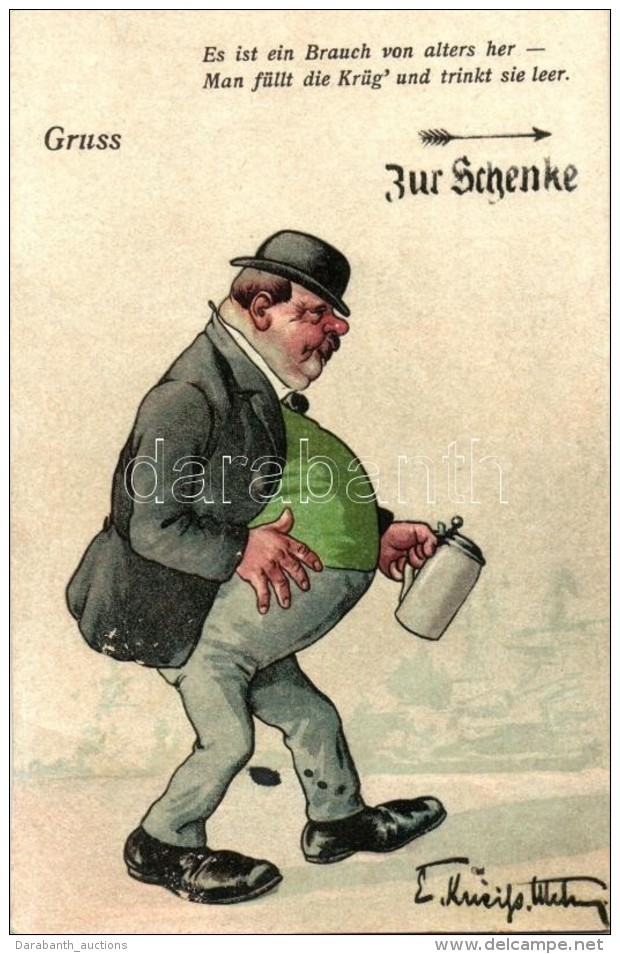 ** T3 Zur Schenke, Gruss / Drunk Man, Humour, Ottmar Zieher Litho, Artist Signed (fa) - Zonder Classificatie