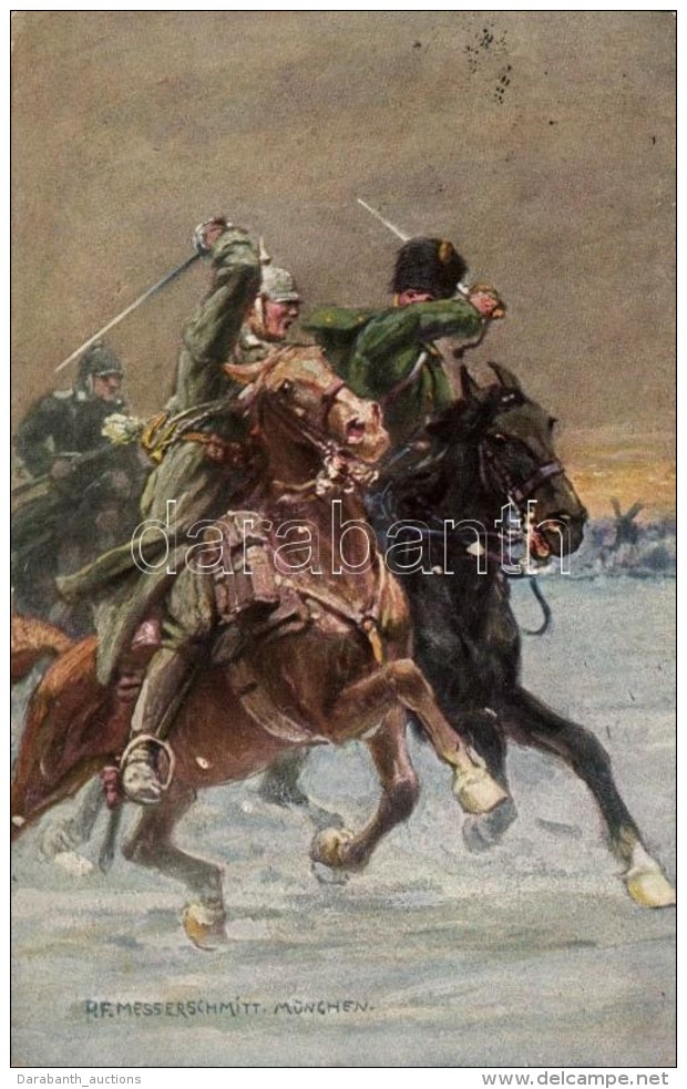 T2 German Cavalary Against Russian Cavalary In Battle, M&uuml;nchener K&uuml;nstlerkarte No. 8, S: RF.... - Zonder Classificatie