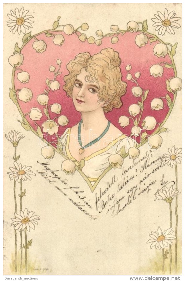 T2/T3 Lady, Heart, Flowers, Serie 306. Floral Art Nouveau Litho (EK) - Zonder Classificatie