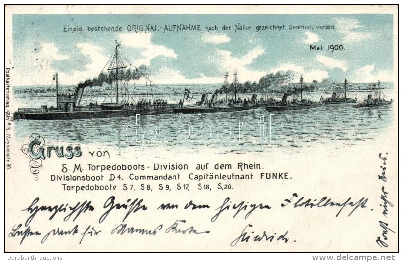 T2/T3 1900 Gruss Von S. M. Torpedoboots-Division Auf Dem Rhein, Divisionsboot D4, Torpedoboote, Litho - Zonder Classificatie