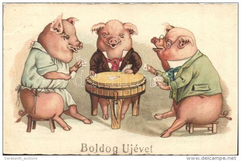 T2/T3 Boldog &Uacute;j&eacute;vet! / Pigs Playing Card Game. Litho - Unclassified