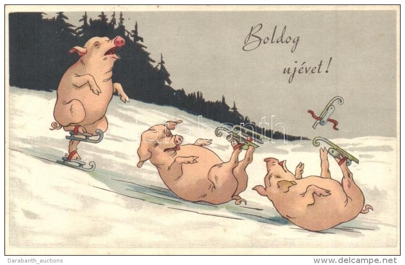 T2 Boldog &Uacute;j&eacute;vet! / Pigs Ice Skating. Litho - Non Classés