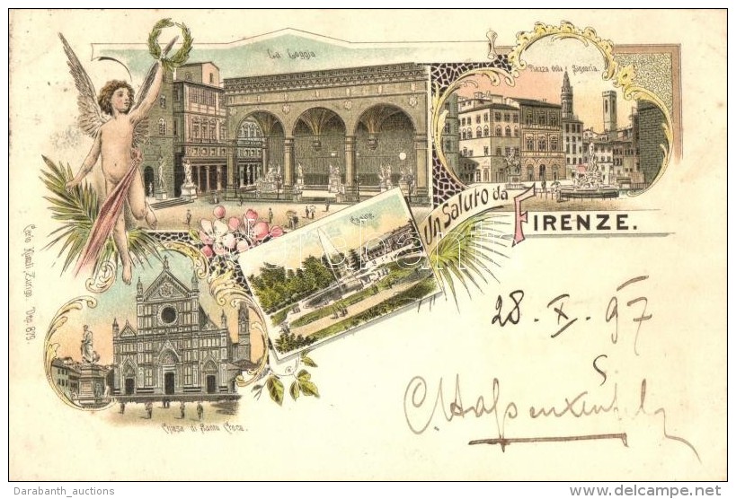 T2 1897 Firenze, Florence; La Loggia, Piazza Della Signoria, Casine, Chiesa Di Santa Croce. Carlo K&uuml;nzli 879.... - Zonder Classificatie