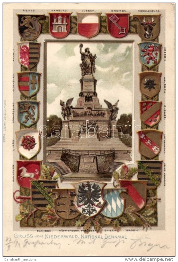 T2/T3 R&uuml;desheim Am Rhein, Niederwald National Denkmal / Sttaue, Coat Of Arms, Emb. Litho (EK) - Non Classés