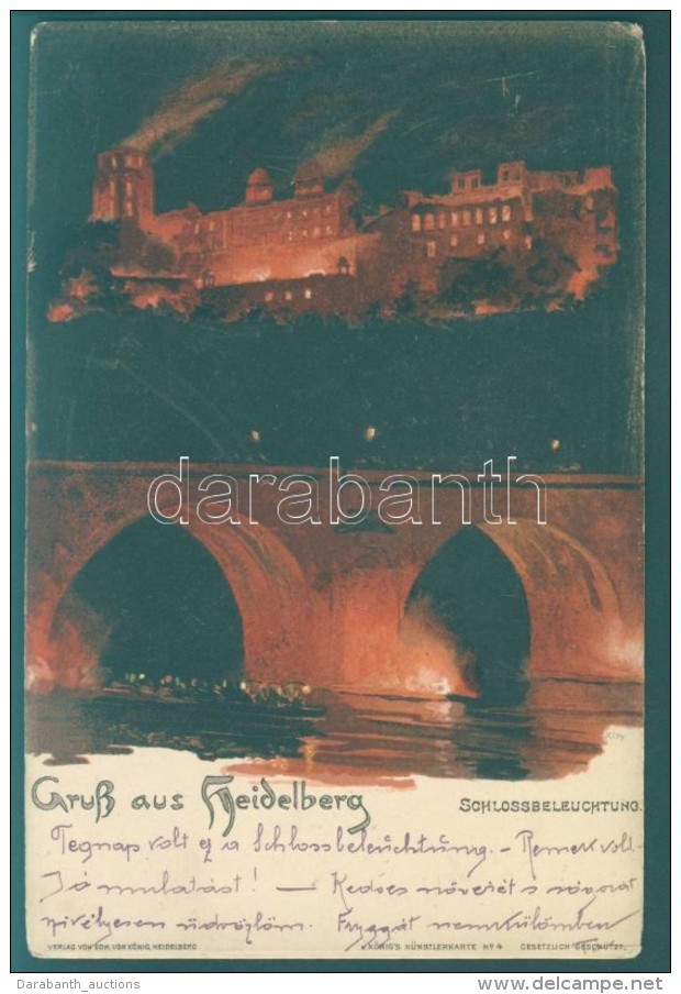 T2 Heidelberg, Schlossbeleuchtung / Castle At Night, Edm. Von K&ouml;nig's K&uuml;nstlerkarte No. 4. Litho S: Kley - Non Classés