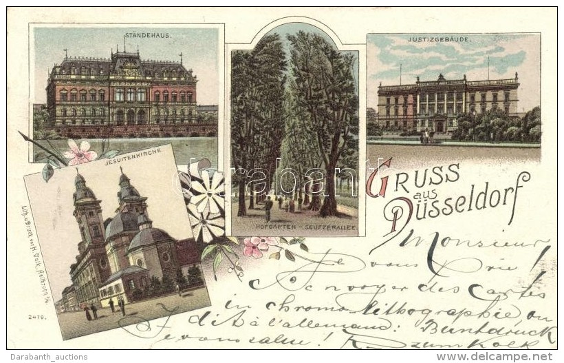 T2 1897 D&uuml;sseldorf, Justizgeb&auml;ude, St&auml;ndehaus, Jesuitenkirche / Floral Litho - Zonder Classificatie