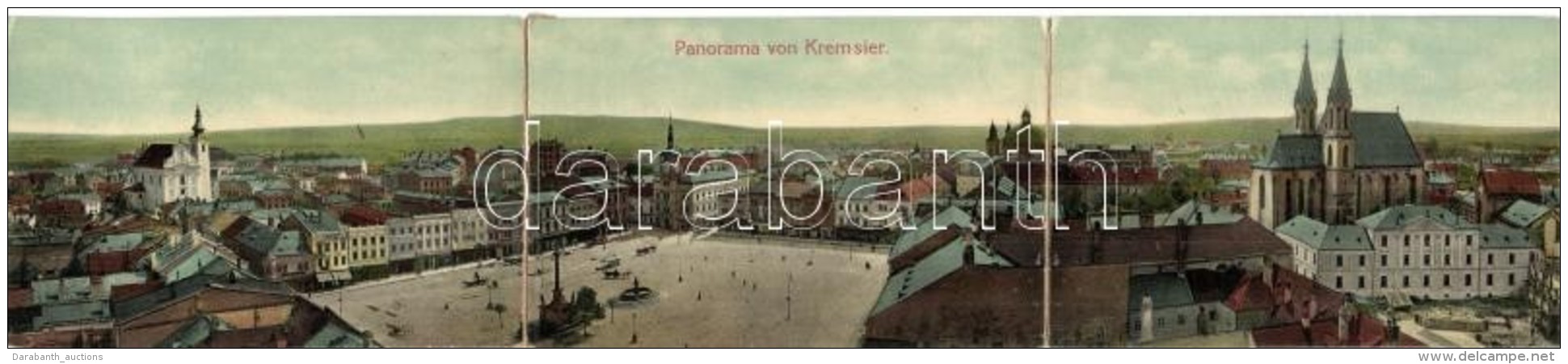 T4 Kromeriz, Kremsier; 3-tiled Panoramacard, General View, Square, Shops (r) - Non Classés