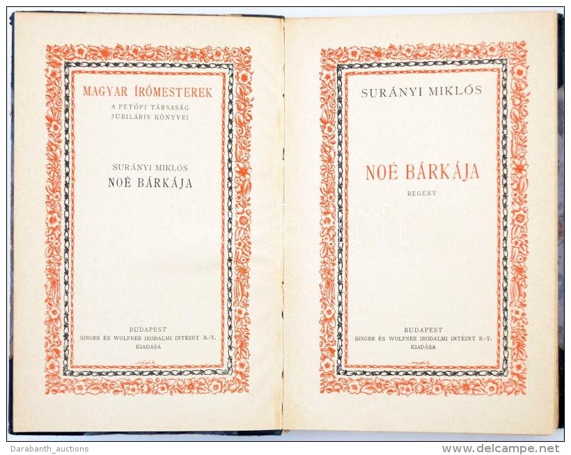 Sur&aacute;nyi Mikl&oacute;s: No&eacute; B&aacute;rk&aacute;ja. Reg&eacute;ny. Bp., 1926, Singer &eacute;s Wolfner.... - Non Classés