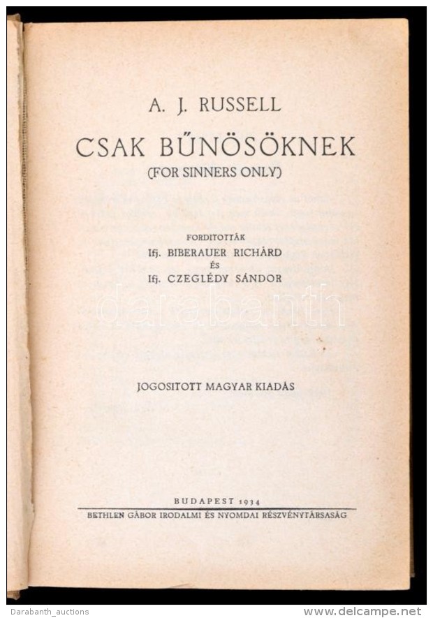 A. J. Russell: Csak BÅ±n&ouml;s&ouml;knek. (For Sinners Only.) Ford&iacute;tott&aacute;k Ifj. Biberbauer... - Non Classés