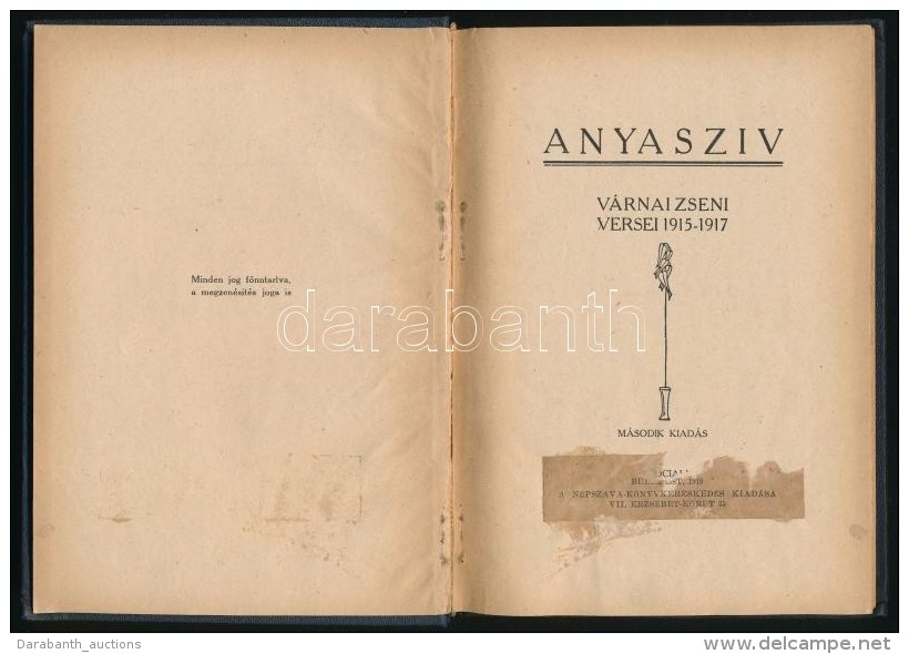 V&aacute;rnai Zseni: Anyasz&iacute;v. V&aacute;rnai Zseni Versei 1915-1917. Budapest, 1919,... - Non Classés