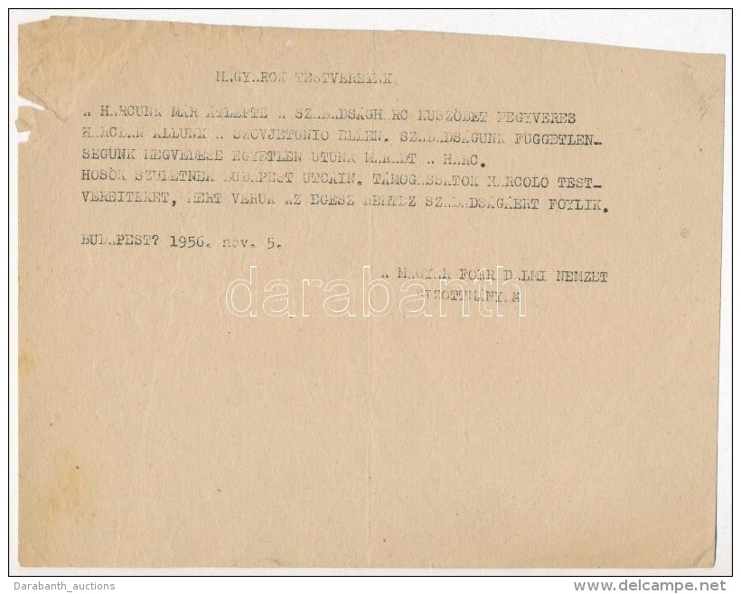 1956 Bp., A Magyar Forradalmi Nemzeti Bizottm&aacute;nya &aacute;ltal Kiadott G&eacute;pelt R&ouml;plap - Zonder Classificatie