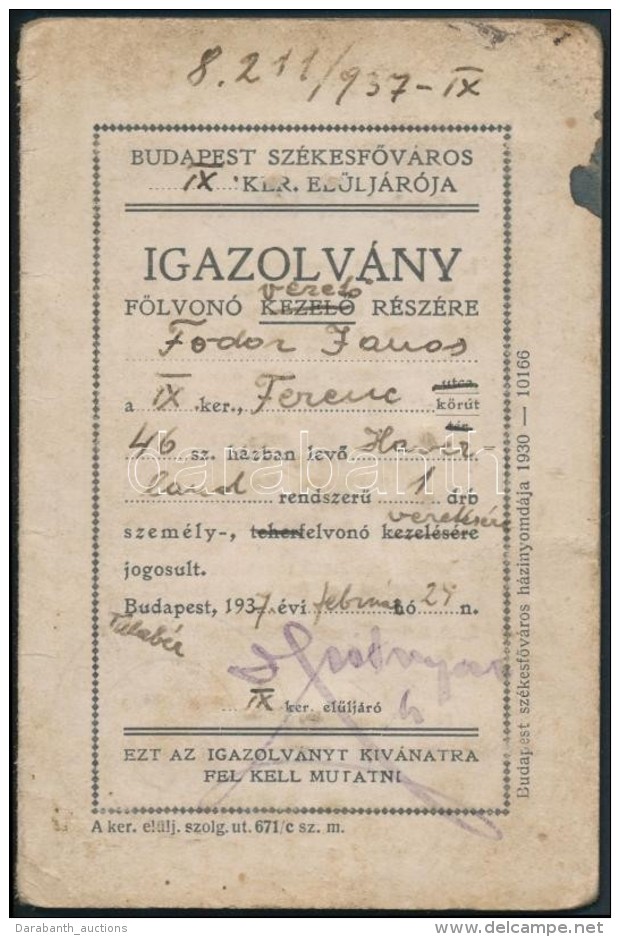 1937 Felvon&oacute; VezetÅ‘i Igazolv&aacute;ny - Non Classificati