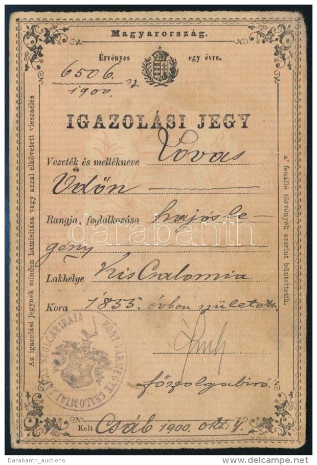 1900 Igazol&aacute;si Jegy Haj&oacute;s Leg&eacute;ny R&eacute;sz&eacute;re / ID For Sailor. - Zonder Classificatie