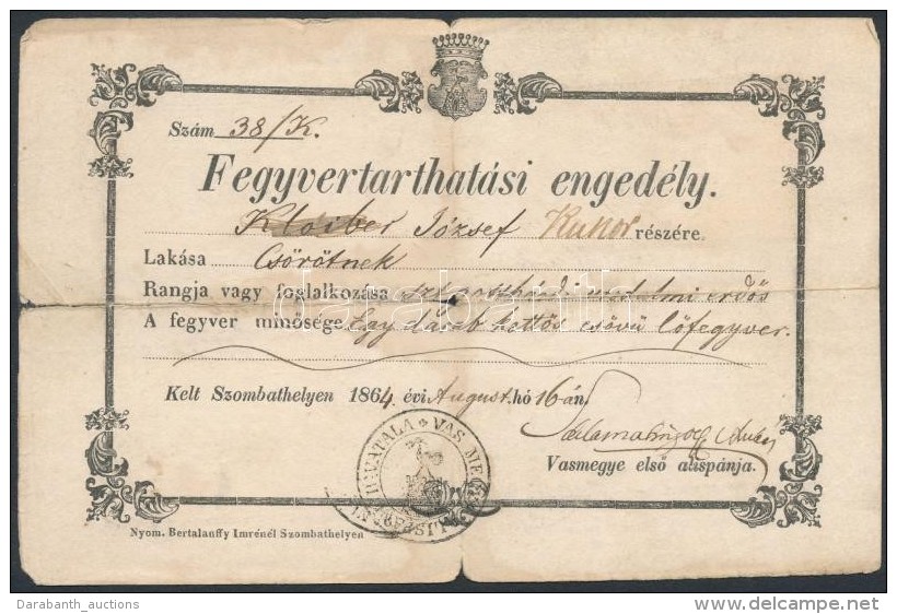 1864 Fegyvertart&aacute;si Enged&eacute;ly Cs&ouml;r&ouml;tneki Lakos, Uradalmi ErdÅ‘s R&eacute;sz&eacute;re 72kr... - Non Classificati