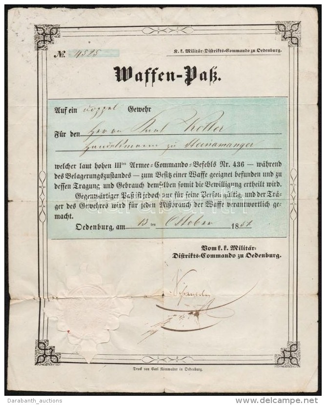 1851 Fegyvertart&aacute;si Enged&eacute;ly / 1851 Waffen Pass- Gun Licence - Non Classés