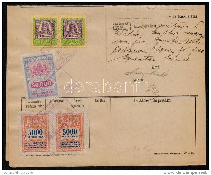 1925 Okm&aacute;ny 2 X 10.000K + 60.000K Budapest V&aacute;rosi Illet&eacute;kb&eacute;lyeggel - Non Classés
