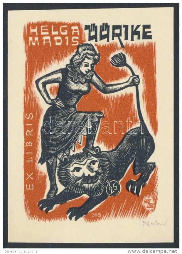 Johann Naha (1902-1982): Ex Libris Helga Madis. Sz&iacute;nes Fametszet, Pap&iacute;r, Jelzett, 9&times;6 Cm - Andere & Zonder Classificatie