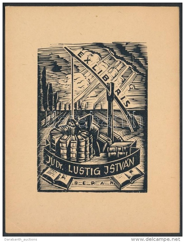 Jaro Beran  (1892-1962): Ex Libris, Dr. Lustig Istv&aacute;n. Fametszet, Pap&iacute;r, Jelzett A D&uacute;con,... - Andere & Zonder Classificatie