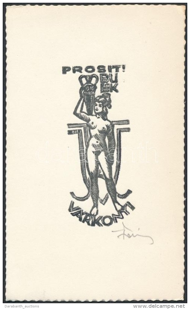 V&aacute;rkonyi K&aacute;roly (1910-2001): Erotikus Ex Libris, Fametszet, Pap&iacute;r, Jelzett, 8&times;4 Cm - Altri & Non Classificati