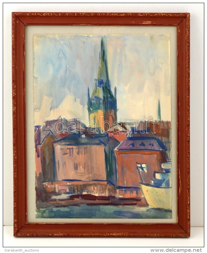 Jelz&eacute;s N&eacute;lk&uuml;l: Stockholm, Akvarell, Pap&iacute;r, &uuml;vegezett Fa Keretben, 46&times;34 Cm - Andere & Zonder Classificatie