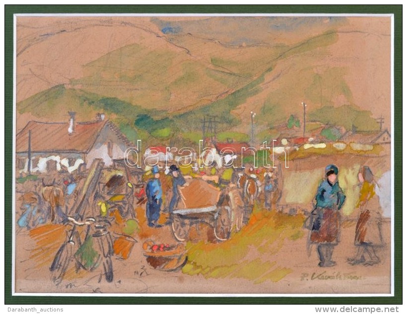 P. Kov&aacute;ts Ferenc (1911-1983): Piaci Jelenet. Akvarell-ceruza, Pap&iacute;r, Jelzett, 14&times;18,5 Cm - Autres & Non Classés