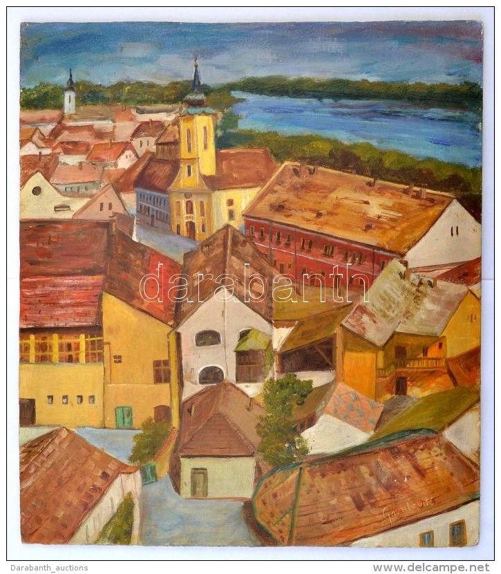 Gavrilovits S&aacute;ndor (1944-): Szentendre L&aacute;tk&eacute;pe. Olaj, Farost, Jelzett, 30x27 Cm - Andere & Zonder Classificatie